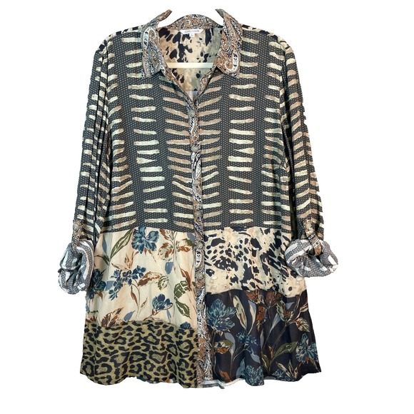 John Mark Tops - JOHN MARK Mixed Print Button Up Shirt Women L Animal Floral Long Sleeve Roll Tab